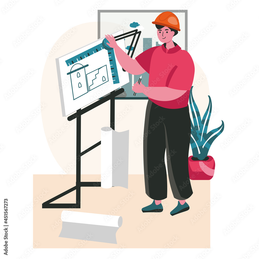 Poster architect draws blueprint scene concept. man engineer builder draws plan and develops building proje