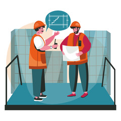Architects discussing blueprint scene concept. Engineers team in helmets talk about device of staircase in house, looking at plan, people activities. Vector illustration of characters in flat design