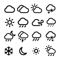 Obraz premium Wheather icon set. Cloudy, suuny, rainy. Vector illustration in outline style
