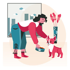 Pets with their owners scene concept. Woman feeding dog food in room. Taking care of pets, relationship with domestic animal, people activities. Vector illustration of characters in flat design
