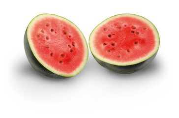 Sandia cortada por la mitad sobre fondo blanco, vista cenital. Watermelon cut in half on white background, overhead view.