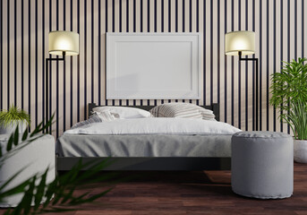 3D Modern interior of bedroom with mockup photo frame