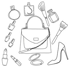 set of beauty accessories line art 