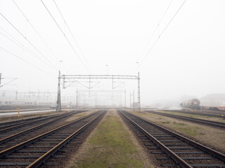 Fototapeta na wymiar train tracks on a foggy day 