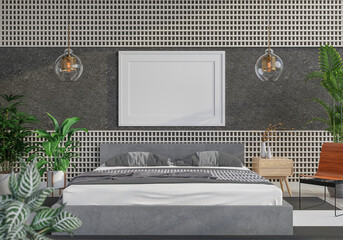 3D Modern interior of bedroom with mockup photo frame