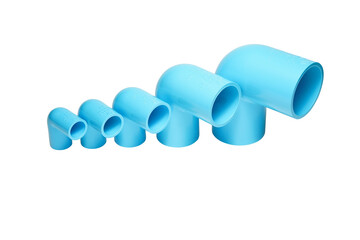 multiple sizes of Blue PVC 90 degree elbow for water supply pipe fitting on white background...