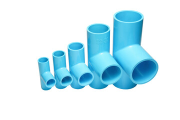 Multiple sizes of Blue PVC 90 degree Three way for water supply pipe fitting on white background...