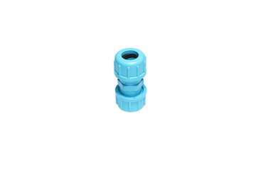 Blue PVC compression union for water supply pipe fitting on white background isolated.