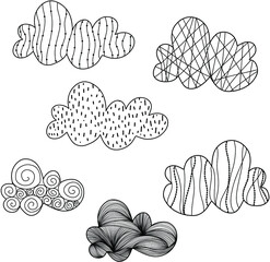 Clouds Rain doodle illustration. Black and white Vector image clouds Rain