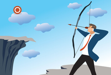 Determinated businessman with bow and arrow shoot to target.