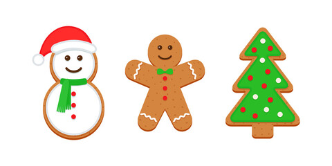 Christmas Gingerbread cookies. Classic Xmas biscuit . Cute ginger bread man, tree and snowman. Vector illustration. Noel holiday sweet desserts isolated on white background.