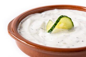 Traditional Greek Tzatziki isolated on white background. Close up	