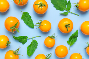 Ripe fresh yellow orange tomatoes with green tails, leaves on blue background flat lay top view. Cherry tomatoes. Vegetables, healthy vegan organic food, harvest concept, tomatoes pattern, cooking