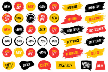 Collection of label banners ink brush strokes and grunge circles for sale and discount