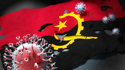 Covid in Angola - coronavirus attacking a national flag of Angola as a symbol of a fight and struggle with the virus pandemic in Angola, 3d illustration