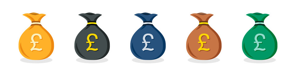Set of UK pound money bag icons in different colors in a flat design