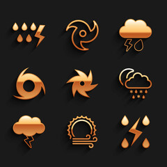 Fototapeta premium Set Tornado, Wind and sun, Storm, Cloud with snow, rain, moon, lightning and icon. Vector