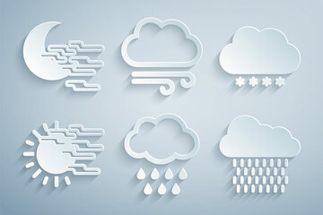 Set Cloud with rain, snow, Fog and sun, Windy weather and moon icon. Vector
