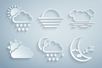 Set Cloud with rain and moon, Sun cloud weather, Moon icon, Sunset and sun icon. Vector