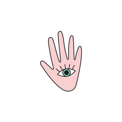 hand drawn doodle element for Halloween. hand with a third eye. isolated vector illustration on white background