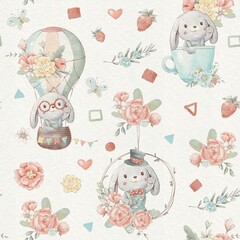 Seamless pattern cute cartoon animals fly in a hot air balloon © Yuliya