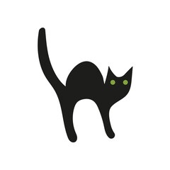 hand drawn doodle element for halloween. spooky black cat silhouette with green eyes.  isolated vector illustration on white background