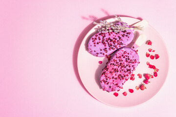 Lavender and rose petals ice cream, sweet chilled dessert