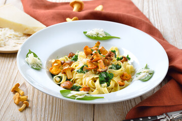 Tagliatelle mit frischen Rahm-Pfifferlingen, jungem Blattspinat und Parmesan serviert – Delicious Italian pasta with fresh chanterelles, young spinach and cheese served 