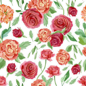 Floral seamless pattern with watercolor hand painted red rose, chrisanthemum, green foliage, leaves and branches. Beautiful flower pattern.