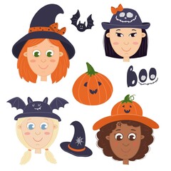 Set of faces of different little girls holiday Halloween