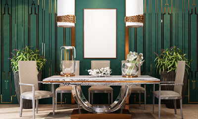 3D Mockup photo frame in Modern interior of dining room