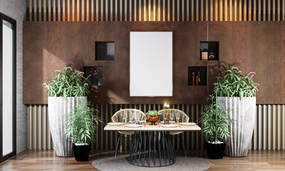 3D Mockup photo frame in Modern interior of dining room