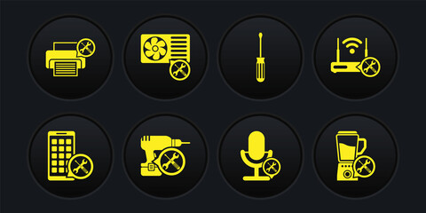 Set Mobile Apps service, Router wi-fi with, Drill machine, Microphone, Screwdriver, Air conditioner, Blender and Printer icon. Vector