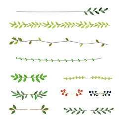 Hand drawn floral dividers, leaf lines, vector illustration set