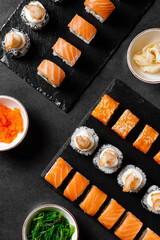 Background for Japanese cuisine menu with rolls, ginger and wasabi