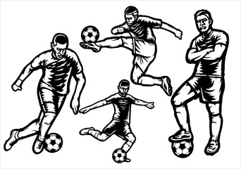 football or soccer set players with some style, black and white, flat illustration vector