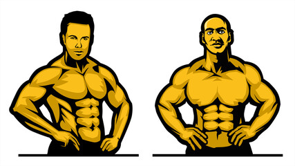 bodybuilder with pose, gym logo, muscle fitness, workout, flat illustration vector - obrazy, fototapety, plakaty