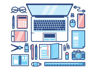 working desk in line art style flat illustration vector