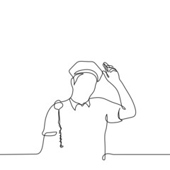 male American police officer greets - one line drawing. a law enforcement officer presents himself to civilians