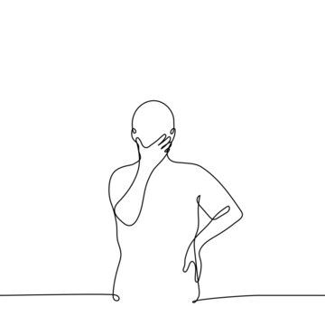 man is stroking his chin in thought, his other hand at the waist - one line drawing. concept of perplexity , rhetorical question, reflection, reflections