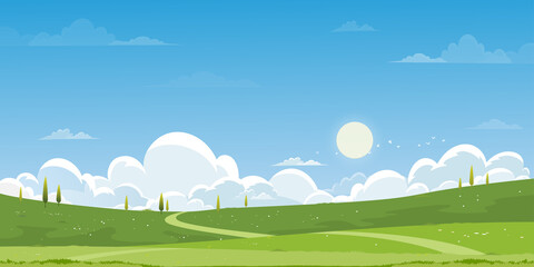 Spring green fields landscape with mountain, blue sky and clouds background,Panorama peaceful rural nature in springtime with green grass land. Cartoon vector illustration for spring and summer banner © Anchalee
