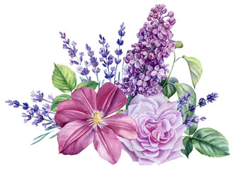 Bouquet of flowers on isolated white background, watercolor illustration, clematis, rose, lavender and lilac