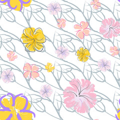 Naklejka na ściany i meble Pink Flowers Blooming Pattern. Pastel Watercolor.