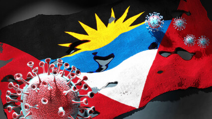 Covid in Antigua and Barbuda - coronavirus attacking a national flag of Antigua and Barbuda as a symbol of a fight and struggle with the virus pandemic in Antigua and Barbuda, 3d illustration