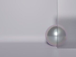3D Rendering Minimal Geometric Product Display Background with Pearl Sphere and Semi transparent Acrylic. Lavender Color.
