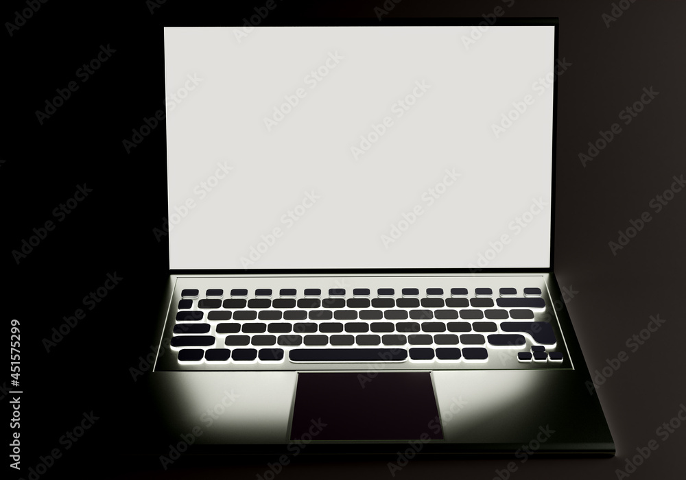 Poster laptop template. laptop white screen. open notebook front view. visualization laptop on black backgr