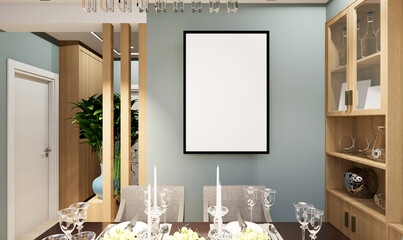 3D Mockup photo frame in Modern interior of dining room