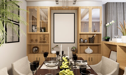 3D Mockup photo frame in Modern interior of dining room