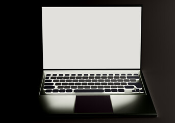 Laptop template. Laptop white screen. Open notebook front view. Visualization laptop on black background. Realistic computer with blank screen. Layout for demo software. Notebook template. 3d image