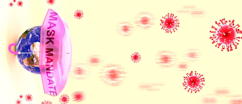 Covid mask mandate - corona virus attacking Earth that is protected by an umbrella with English word mask mandate as a symbol of a human fight with coronavirus pandemic, 3d illustration